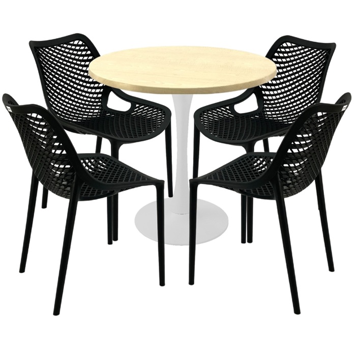 Mobilier terasa cafenea, 4 scaune London Air negru suprapozabile cu masa rotunda 80x74cm Raki MAPLE blat werzalit si picior cu baza rotunda,alb