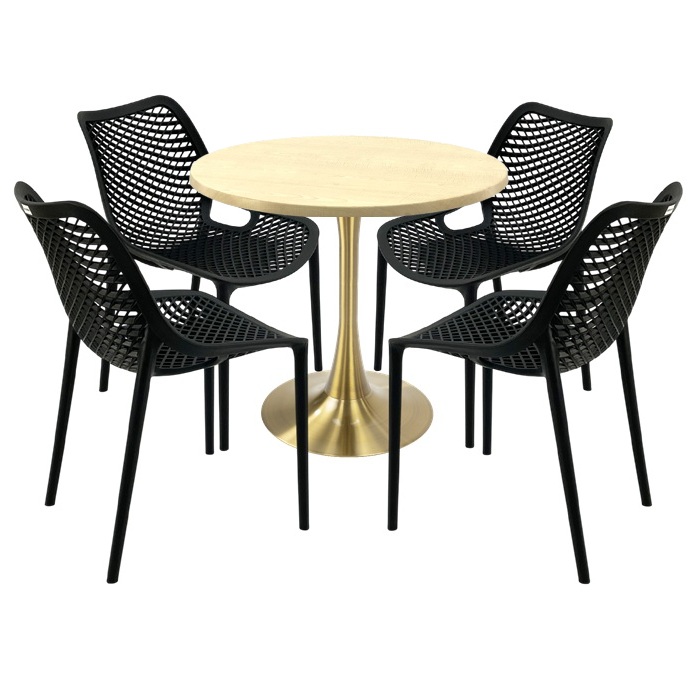 Mobilier terasa restaurant, 4 scaune London Air negru suprapozabile cu masa rotunda 80x74cm Raki MAPLE blat werzalit si picior cu baza rotunda,auriu