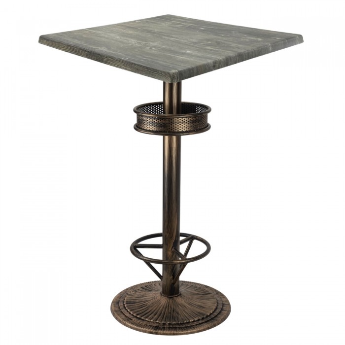 Masa inalta bar patrata 70x70xh112cm Raki Olp Pine blat werzalit si picior metalic aspect vintage bronz antichizat 50xh110cm