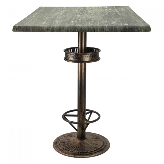 Masa patrata inalta bar 80x80xh112cm Raki Olp Pine blat werzalit si picior metalic aspect vintage bronz antichizat 50xh110cm