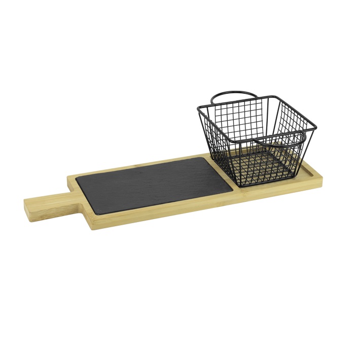 Platou bambus CULINARO cu ardezie 40x13cm si cos cartofi prajiti 12,8x12,8xh8,5cm