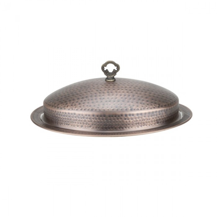Platou oval cu capac RUSTIK inox texturat cu invelis cupru antichizat  45x35 cm