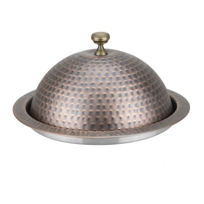 Platou rotund cu capac RUSTIK inox texturat cu invelis cupru antichizat  35 cm