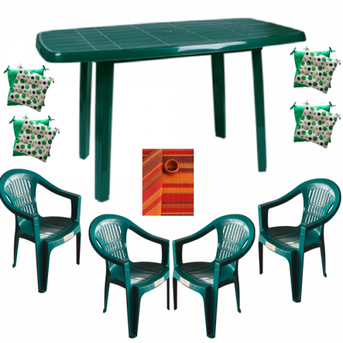 Set mobila gradina RAKI, masa Mutum 140x80xh72cm cu 4 scaune Carnaval 53x45xh78cm plastic verde, 4 perne scaun, fata de masa 220x150cm