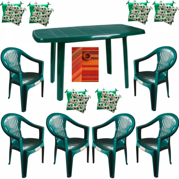 Set mobila gradina RAKI, masa Mutum 140x80xh72cm cu 6 scaune Carnaval 53x45xh78cm plastic verde, 6 perne scaun, fata de masa 220x150cm