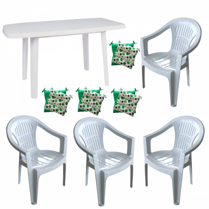 Set gradina RAKI, masa Mutum 140x80xh72cm si 4 scaune Carnaval 53x45xh78cm cu perne, plastic alb