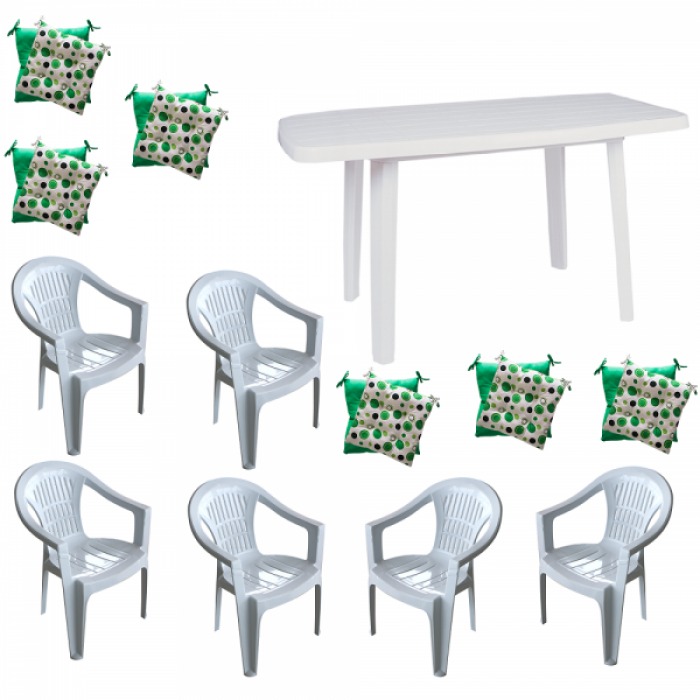 Set gradina RAKI, masa Mutum 140x80xh72cm si 6 scaune Carnaval 53x45xh78cm cu perne, plastic alb