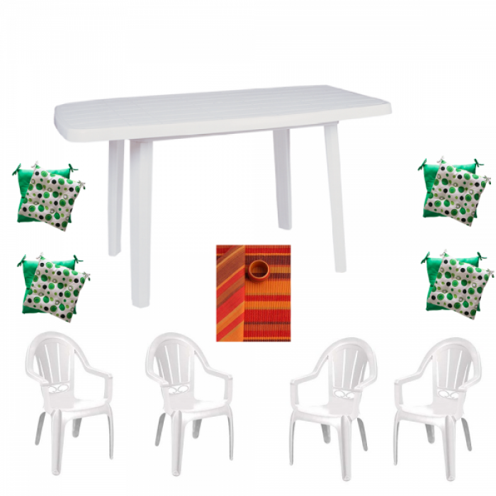 Mobiler gradina masa demontabila MUTUM cu 4 scaune Milas culoare alba,4 Pernute scaun,Fata de masa150x220cm B001064