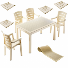 Set mobilier YARADA gradina masa patrata WOOD 90x90x75cm 4 scaune MILANO WOOD polipropilen/fibra sticla culoare capucino,4 perne scaun,Traversa PANARI 40x150cm B001254-42305-42315