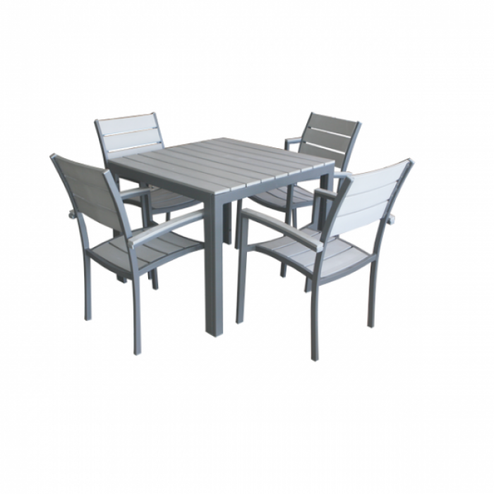 Set gradina masa patrata cadru aluminiu POLYWOOD GREY 90x90x74cm cu 4 scaune 60x57x89cm B003001-9540-9517