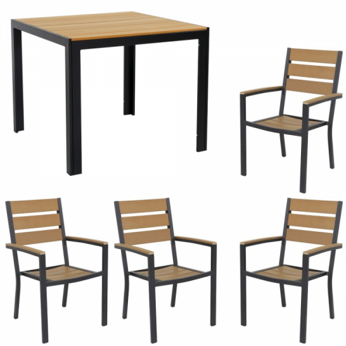 Set gradina,terasa masa patrata cadru aluminiu POLYWOOD NATURAL 90x90x74cm cu 4 scaune 60x57x89cm B003010-95203-9520