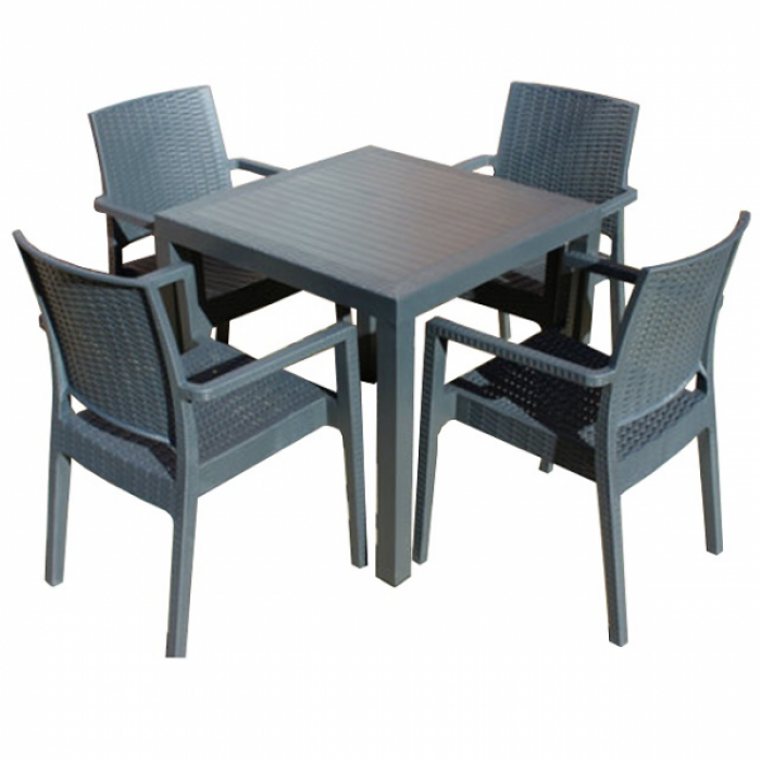 Set exterior gradina MATARANI masa patrata WOOD 90x90x75cm 4 scaune PARIS RATTAN polipropilen/fibra sticla culoare cafea B004055-42321-42332