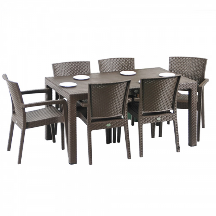 Set mobila gradina MATARANI masa WOOD 90x150x75cm 6 scaune PARIS RATTAN polipropilen/fibra sticla culoare cafea B004067-42306-42332