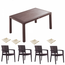 Set mobilier terasa INGLESA masa CLASSI RATAN 90x150x75cm 4 scaune PARIS RATTAN polipropilen/fibra sticla culoare cafea,4 perne scaun B004294-42303-42332