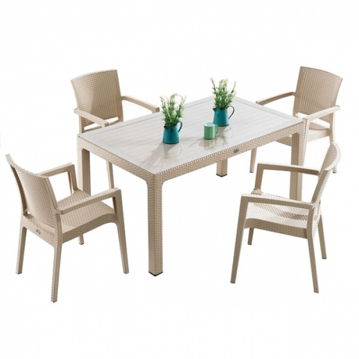 Mobila exterior INGLESA masa CLASSI RATAN 90x150x75cm 4 scaune PARIS RATTAN polipropilen/fibra sticla culoare capucino B004296-42322-42333