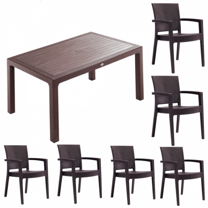 Set mobilier gradina INGLESA masa CLASSI RATAN 90x150x75cm 6 scaune PARIS RATTAN polipropilen/fibra sticla culoare cafea B004299-42303-42332