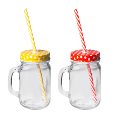 Borcan din sticla cu capac, pai si maner, RAKI, 440ml, pentru cocktail