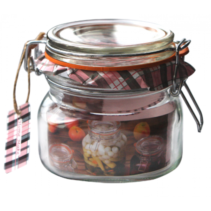 Borcan sticla patrat cu capac ermetic, RAKI, 500ml