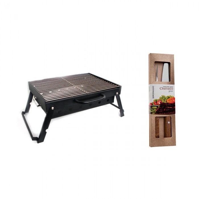 Gratar portabil pe carbuni RAKI, 44x32xh21cm, picioare pliabile + set furculita gratar si cutit 20cm SIMONAGGIO CHURRASCO