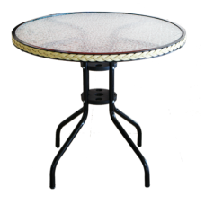 Masa rotunda D80cm RAKI, blat sticla si cadru metalic, accente poliratan, neagra