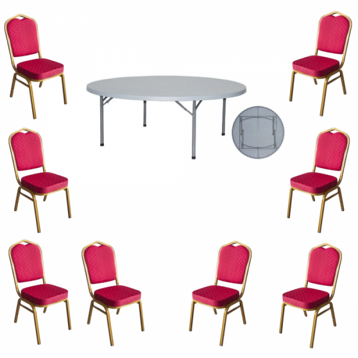 Set masa plianta rotunda pentru evenimente, catering D180xH73,5cm cu 8 scaune culoare rosie MN0166244-4-6667
