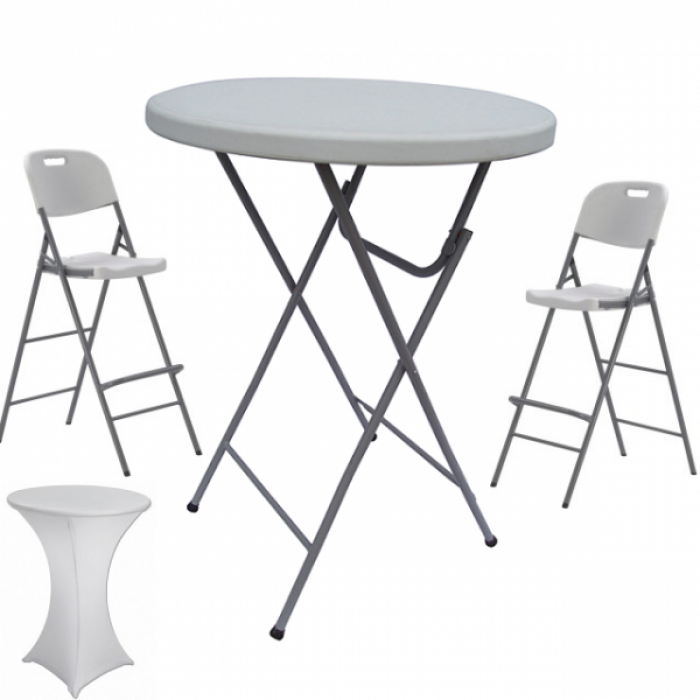 Set masa plianta rotunda inalta catering D80xH110cm cu 2 scaune pliante inalte si husa elastica alba MN016694-4-66245