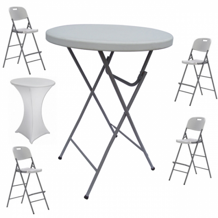 Set masa plianta rotunda inalta catering D80xH110cm cu 4 scaune pliante inalte si husa elastica alba MN016694-6-66245