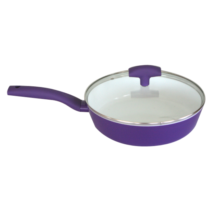 Tigaie GRAMMY de culoare mov ,cu capac transparent,26cm,acoperita cu un strat ceramic neaderent