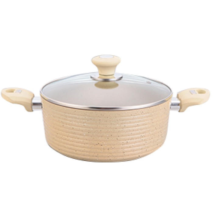 Oala inductie CULINARO ECO 28cm cu capac sticla, aluminiu cu strat ceramic antiaderent marmorat, crem