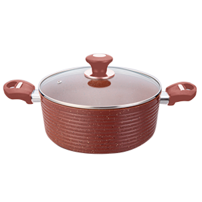 Oala inductie CULINARO ECO 28cm cu capac sticla, aluminiu cu strat ceramic antiaderent marmorat, caramizie