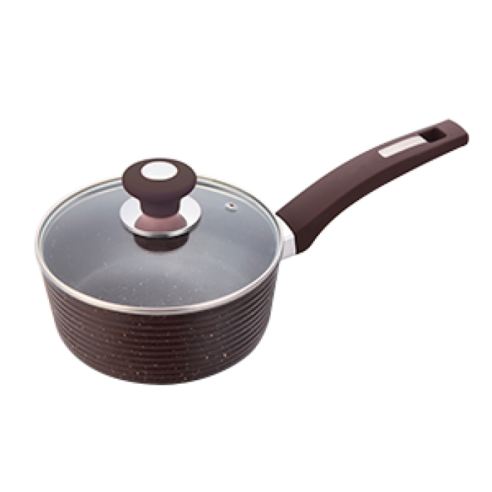 Cratita inductie CULINARO ECO 18cm cu maner si capac sticla, aluminiu cu strat ceramic antiaderent marmorat, maro