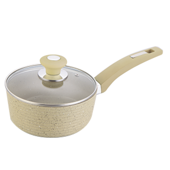 Cratita inductie CULINARO ECO 18cm cu maner si capac sticla, aluminiu cu strat ceramic antiaderent marmorat, crem