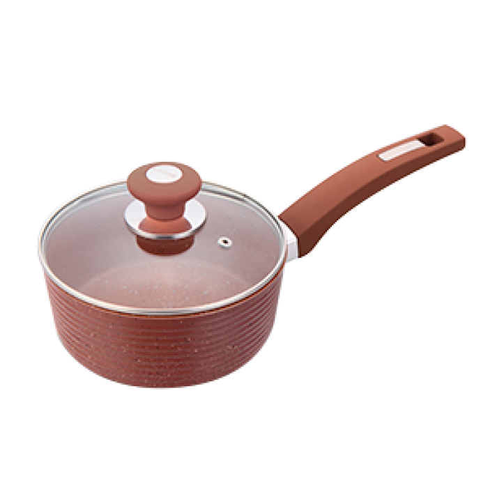 Cratita inductie CULINARO ECO 18cm cu maner si capac sticla, aluminiu cu strat ceramic antiaderent marmorat, caramizie