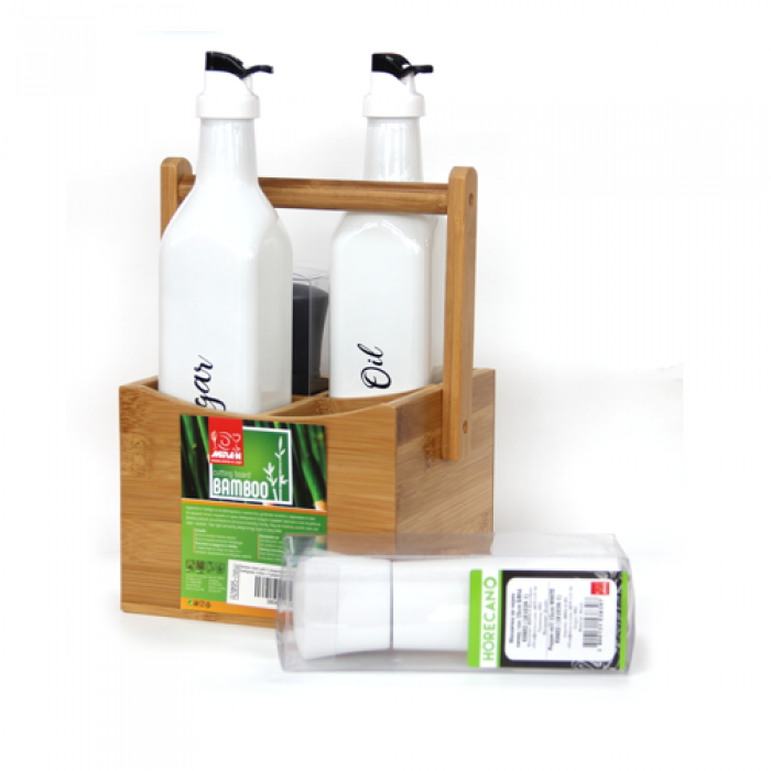 Oliviera RAKI 5 piese cu suport din bambus cu maner 15x15xh23cm,sticle 250ml cu moara macinat MN343