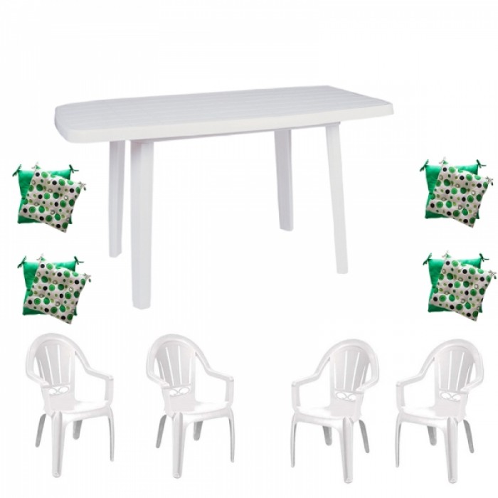 Mobiler gradina RAKI, masa Mutum 140x80xh72cm si 4 scaune Milas 53x50xh89cm cu perne, plastic alb