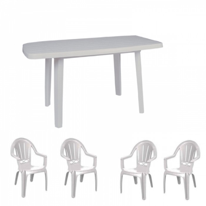 Mobiler gradina RAKI, masa Mutum 140x80xh72cm cu 4 scaune Milas 53x50xh89cm, plastic alb