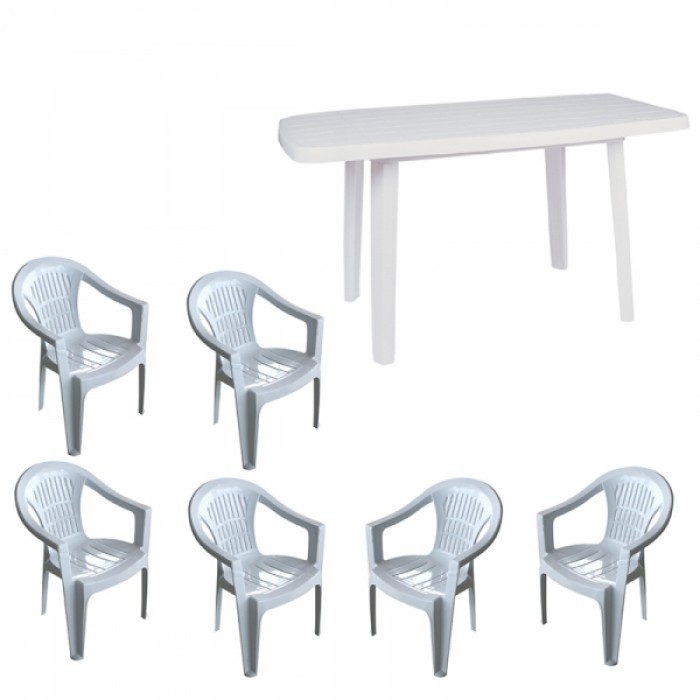 Mobiler gradina RAKI, masa Mutum 140x80xh72cm cu 6 scaune Carnaval 53x45xh78cm, plastic alb