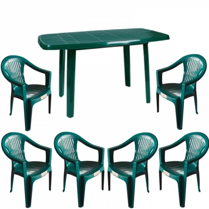 Set gradina RAKI, masa Mutum 140x80xh72cm cu 6 scaune Carnaval 53x45xh78cm, plastic verde