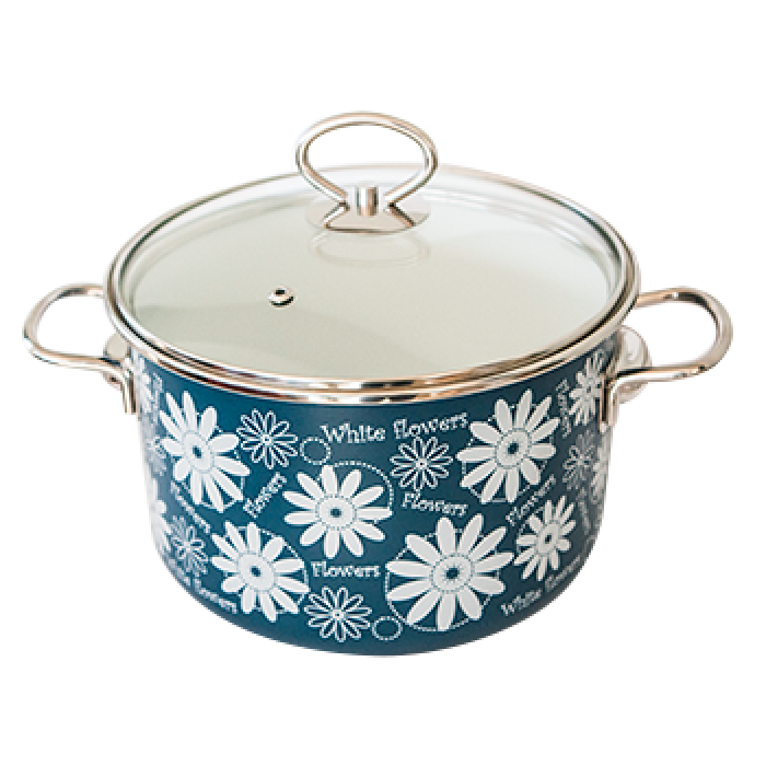 Oala emailata ruseasca albastra cu flori, 5,5l, D22cm, RAKI, cu capac sticla