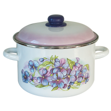 Oala emailata ruseasca 3l, D18cm, RAKI FIALKA, cu margine cromata si capac emailat