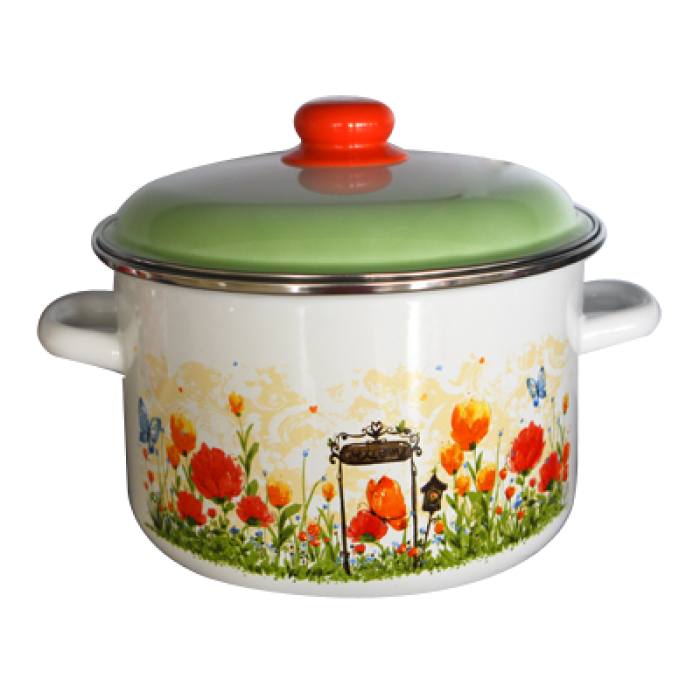 Oala emailata ruseasca 3l, D18cm, RAKI GOLANDSCAEA, cu margine cromata si capac emailat