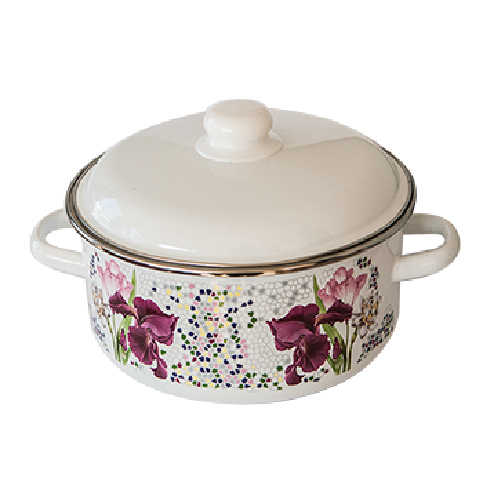 Oala emailata ruseasca 4l, D22cm, RAKI MOZAIKA, cu margine cromata si capac emailat