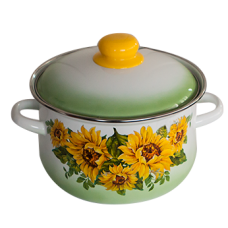 Oala emailata ruseasca 4l, D20cm, RAKI PODSOLNIHI, cu margine cromata si capac emailat