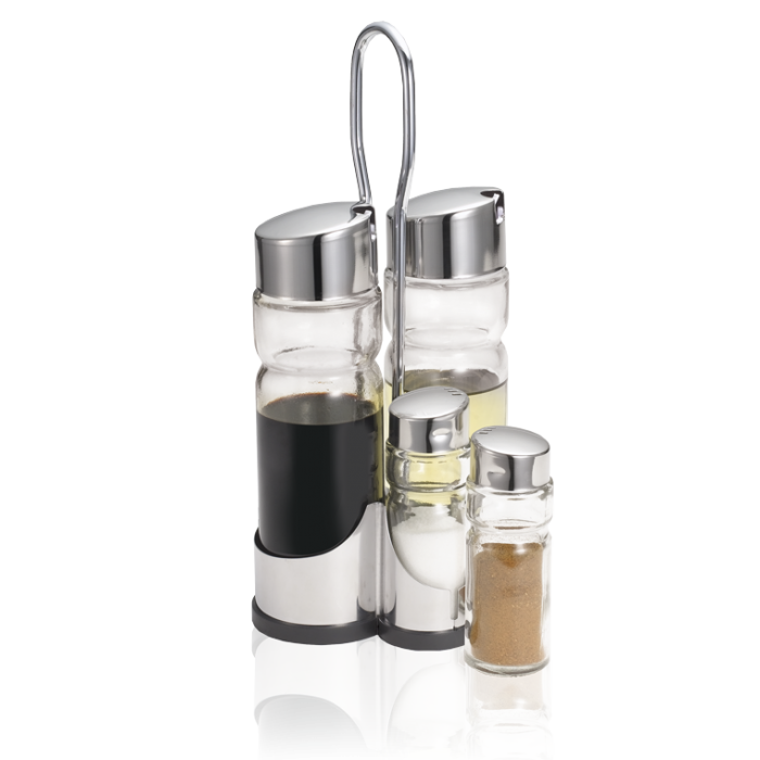Oliviera RAKI CLASSIK LINE set 4 piese cu suport inox, 2 sticle ulei/otet, solnita si pipernita