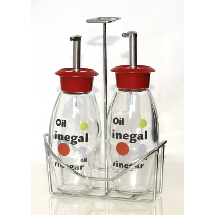 Oliviera RAKI cu 2 sticle pentru ulei si otet si suport metalic, capac rosu