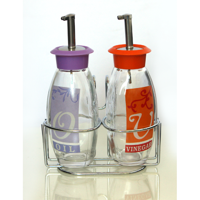 Oliviera cu suport metalic RAKI cu 2 sticle pentru ulei si otet, diferite culori