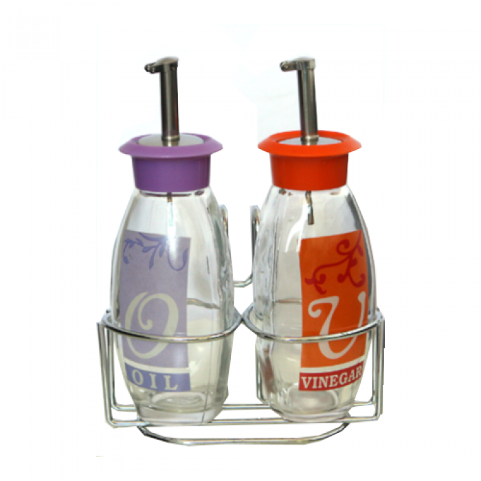 Oliviera cu suport metalic RAKI cu 2 sticle pentru ulei si otet, diferite culori