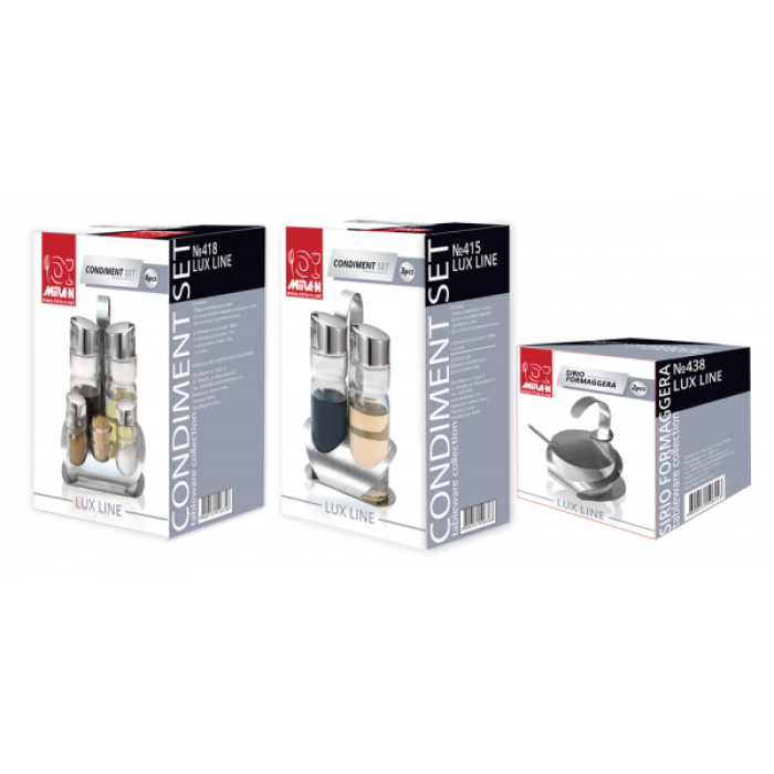 Oliviera RAKI LUX LINE cu suport inox, 2 sticle ulei/otet de 160ml, solnita si pipernita 35ml, suport scobitori