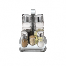 Oliviera RAKI LUX LINE cu suport inox, 2 sticle ulei/otet de 160ml, solnita si pipernita 35ml, suport scobitori