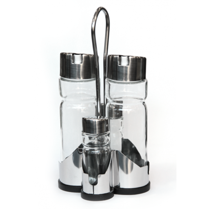 Oliviera 5 piese, cu suport inox RAKI PREMIUM 2 sticle ulei/otet, solnita si pipernita